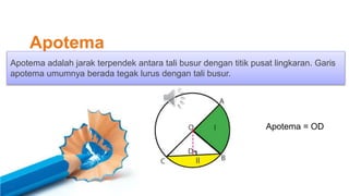 Apotema
Apotema adalah jarak terpendek antara tali busur dengan titik pusat lingkaran. Garis
apotema umumnya berada tegak lurus dengan tali busur.
Apotema = OD
 