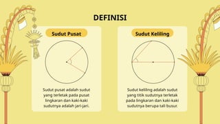Sudut Keliling
Sudut keliling adalah sudut
yang titik sudutnya terletak
pada lingkaran dan kaki-kaki
sudutnya berupa tali busur.
Sudut Pusat
Sudut pusat adalah sudut
yang terletak pada pusat
lingkaran dan kaki-kaki
sudutnya adalah jari-jari.
DEFINISI
 