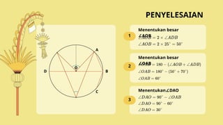 A
B
C
O
D
1
2
3
PENYELESAIAN
Menentukan besar
AOB
∠
Menentukan besar
OAB
∠
Menentukan DAO
∠
 