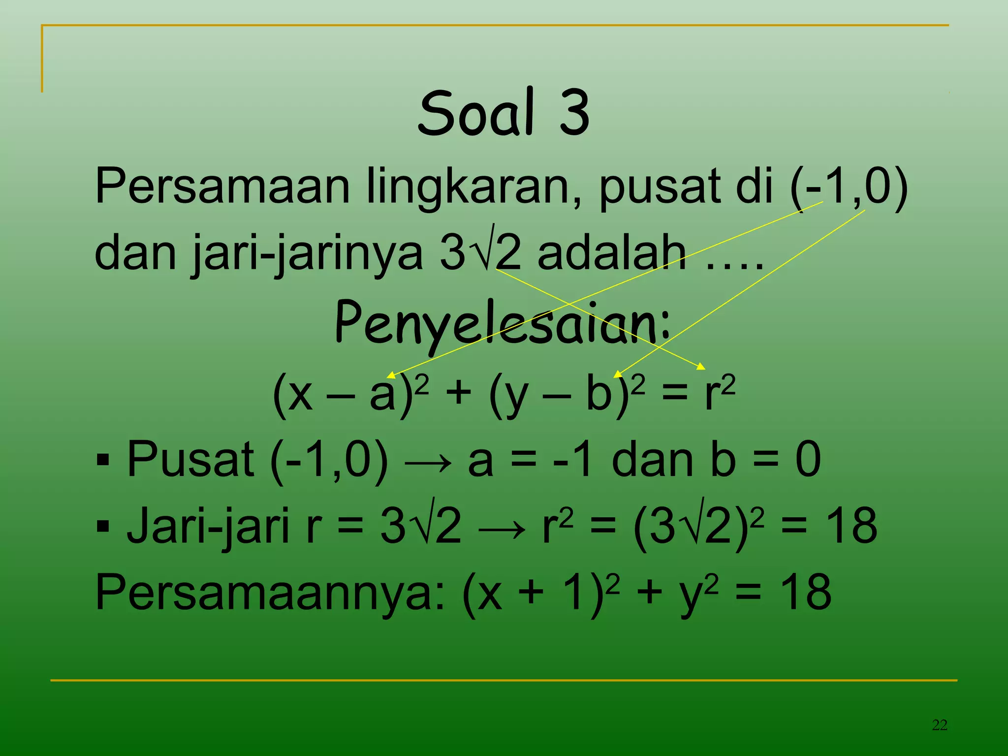 22
Soal 3
Persamaan lingkaran, pusat di (-1,0)
dan jari-jarinya 3√2 adalah ….
Penyelesaian:
(x – a)2
+ (y – b)2
= r2
▪ Pusat (-1,0) → a = -1 dan b = 0
▪ Jari-jari r = 3√2 → r2
= (3√2)2
= 18
Persamaannya: (x + 1)2
+ y2
= 18
 