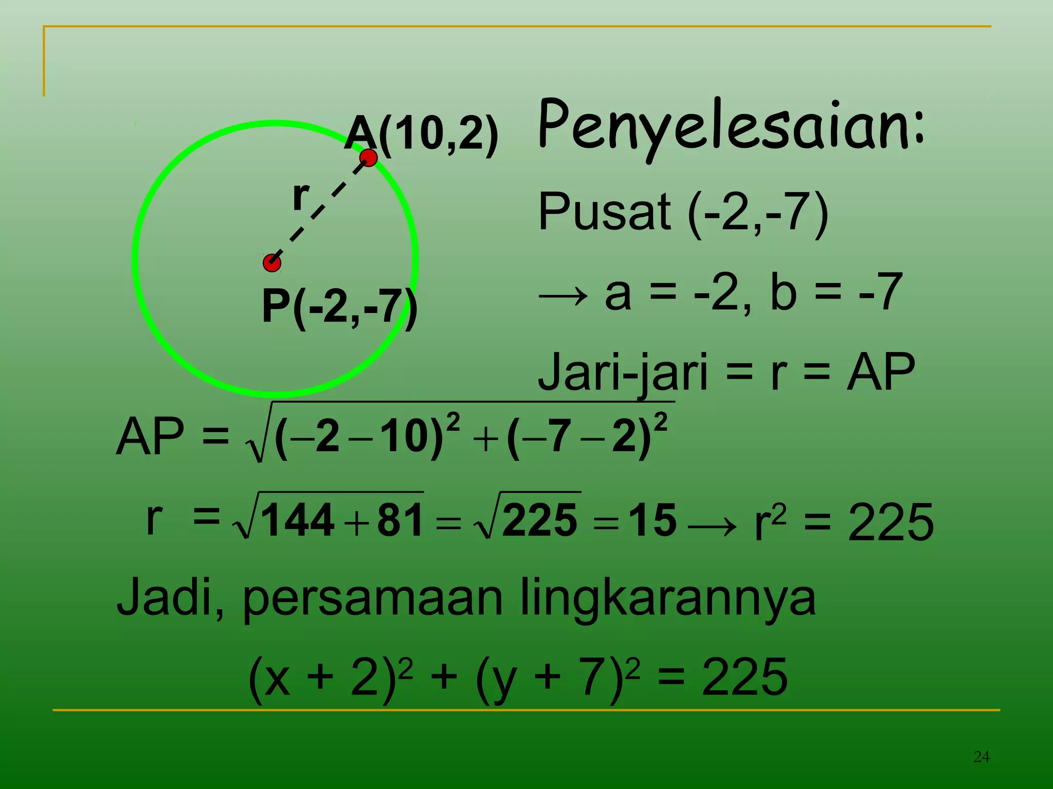 24
P(-2,-7)
A(10,2)
r
Penyelesaian:
Pusat (-2,-7)
→ a = -2, b = -7
Jari-jari = r = AP
AP =
r =
Jadi, persamaan lingkarannya
(x + 2)2
+ (y + 7)2
= 225
22
2)7(10)2( −−+−−
1522581144 ==+ → r2
= 225
 