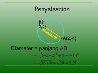14
PenyelesaianPenyelesaian
Diameter = panjang AB
=
=
A(2,-1)
B(-
2,1)
diameter
22
))1(1()22( −−+−−
5220416 ==+
 