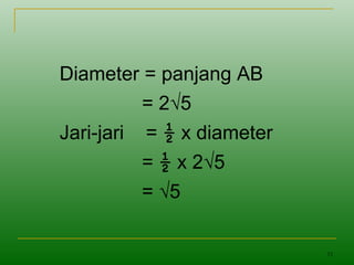 15
Diameter = panjang AB
= 2√5
Jari-jari = ½ x diameter
= ½ x 2√5
= √5
 