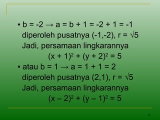30
▪ b = -2 → a = b + 1 = -2 + 1 = -1
diperoleh pusatnya (-1,-2), r = √5
Jadi, persamaan lingkarannya
(x + 1)2
+ (y + 2)2
= 5
▪ atau b = 1 → a = 1 + 1 = 2
diperoleh pusatnya (2,1), r = √5
Jadi, persamaan lingkarannya
(x – 2)2
+ (y – 1)2
= 5
 