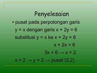 32
Penyelesaian
▪ pusat pada perpotongan garis
y = x dengan garis x + 2y = 6
substitusi y = x ke x + 2y = 6
x + 2x = 6
3x = 6 → x = 2
x = 2 → y = 2 → pusat (2,2)
 