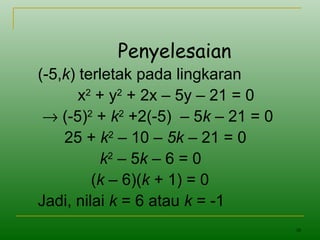 38
Penyelesaian
(-5,k) terletak pada lingkaran
x2
+ y2
+ 2x – 5y – 21 = 0
→ (-5)2
+ k2
+2(-5) – 5k – 21 = 0
25 + k2
– 10 – 5k – 21 = 0
k2
– 5k – 6 = 0
(k – 6)(k + 1) = 0
Jadi, nilai k = 6 atau k = -1
 