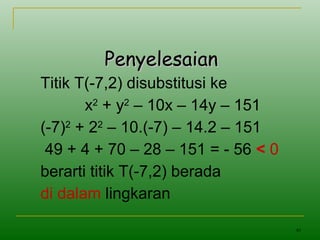 40
PenyelesaianPenyelesaian
Titik T(-7,2) disubstitusi ke
x2
+ y2
– 10x – 14y – 151
(-7)2
+ 22
– 10.(-7) – 14.2 – 151
49 + 4 + 70 – 28 – 151 = - 56 < 0
berarti titik T(-7,2) berada
di dalam lingkaran
 