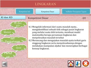 LINGKARAN
KI dan KD Kompetensi Dasar 2/2
Kompetensi Inti Kompetensi Dasar Indikator Pencapaian Tujuan
KI dan
KD
Materi
Contoh Soal
dan
Pembahasaa
n
Quiz
4.1 Mengolah informasi dari suatu masalah nyata ,
mengidentifikasi sebuah titik sebagai pusat lingkaran
yang melalui suatu titik tertentu, membuat model
matematika berupa persamaan lingkaran dan
menyelesaikan masalah tersebut
4.2 Merancang dan mengajukan masalah nyata terkait garis
singgung lingkaran serta menyelesaikannya dengan
melakukan manipulasi aljabar dan menerapkan berbagai
konsep lingkaran.
Penut
up
 