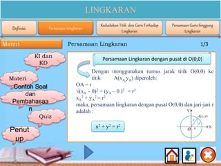 LINGKARAN
Materi Persamaan Lingkaran 1/3
KI dan
KD
Materi
Contoh Soal
dan
Pembahasaa
n
Quiz
Definisi Persamaan Lingkaran
Kedudukan Titik dan Garis Terhadap
Lingkaran
Persamaan Garis Singgung
Lingkaran
Dengan menggunakan rumus jarak titik O(0,0) ke
titik A(xA,yA) diperoleh:
OA = r
√(xA - 0)2 + (yA – 0 )2 = r2
xA
2 + yA
2 = r2
maka, persamaan lingkaran dengan pusat O(0,0) dan jari-jari r
adalah :
Persamaan Lingkaran dengan pusat di O(0,0)
x2 + y2 = r2
Penut
up
 