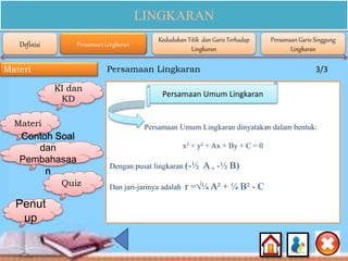 LINGKARAN
Materi Persamaan Lingkaran 3/3
Persamaan Umum Lingkaran dinyatakan dalam bentuk:
x² + y² + Ax + By + C = 0
Dengan pusat lingkaran (-½ A , -½ B)
Dan jari-jarinya adalah r =√¼ A² + ¼ B² - C
Persamaan Umum Lingkaran
Definisi Persamaan Lingkaran
Kedudukan Titik dan Garis Terhadap
Lingkaran
Persamaan Garis Singgung
Lingkaran
KI dan
KD
Materi
Contoh Soal
dan
Pembahasaa
n
Quiz
Penut
up
 