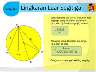 simpulan

Lingkaran Luar Segitiga
Jadi, panjang jari-jari (r) lingkaran luar
segitiga yang diketahui sisi-sinya
(a,b, dan c) dan luasnya (L) adalah

C

r =
b

a
Atau jika yang diketahui sisi-sinya
(a,b, dan c) saja

O

A

b a c
4L

B

Dc
E

b a c
r =
4 s(s - a)(s - b)(s - c)

Dengan s = setengah keliling segitiga

 