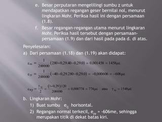e. Besar perputaran mengelilingi sumbu z untuk
mendapatkan regangan geser bernilai nol, menurut
lingkaran Mohr. Periksa hasil ini dengan persamaan
(1.8).
f. Besar regangan-regangan utama menurut lingkaran
Mohr. Periksa hasil tersebut dengan persamaan-
persamaan (1.9) dan dari hasil pada pada d. di atas.
Penyelesaian:
a) Dari persamaan (1.18) dan (1.19) akan didapat:
b. Lingkaran Mohr:
1) Buat sumbu eij horisontal.
2) Regangan normal terkecil, eyy = -606me, sehingga
merupakan titik di dekat batas kiri.
( )
( )
xx
yy
e me
e me
=
=
+ - = =
- - - = - = -
1
200000
280 0,29.40 0,29.0 0,001458 1458
1
200000
40 0,29.280 0,29.0 0,000606 606
( )
xy atau
xy
xye
g
me g me= =
+
= = =
2
1 0,29 120
200000
0,000774 774 1548
.
 