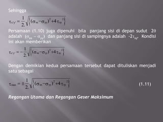 Sehingga
Persamaan (1.10) juga dipenuhi bila panjang sisi di depan sudut 2q
adalah (sxx - syy) dan panjang sisi di sampingnya adalah -2txy. Kondisi
ini akan memberikan
}{x y xx yy xy' '
.
( )t s s t= - +
1
2
4
2 2
}{x y xx yy xy' '
.
( )t s s t= - - +
1
2
4
2 2
Dengan demikian kedua persamaan tersebut dapat dituliskan menjadi
satu sebagai
(1.11)
Regangan Utama dan Regangan Geser Maksimum
}{max
.
( )t s s t= ± - +
1
2
4
2 2
xx yy xy
 