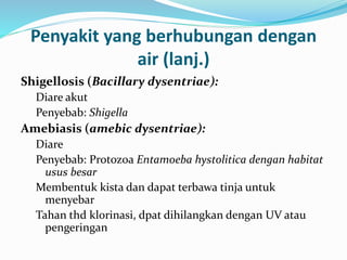 Penyakit yang berhubungan dengan
air (lanj.)
Shigellosis (Bacillary dysentriae):
Diare akut
Penyebab: Shigella
Amebiasis (amebic dysentriae):
Diare
Penyebab: Protozoa Entamoeba hystolitica dengan habitat
usus besar
Membentuk kista dan dapat terbawa tinja untuk
menyebar
Tahan thd klorinasi, dpat dihilangkan dengan UV atau
pengeringan
 