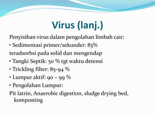 Virus (lanj.)
Penyisihan virus dalam pengolahan limbah cair:
• Sedimentasi primer/sekunder: 83%
teradsorbsi pada solid dan mengendap
• Tangki Septik: 50 % tgt waktu detensi
• Trickling filter: 85-94 %
• Lumpur aktif: 90 – 99 %
• Pengolahan Lumpur:
Pit latrin, Anaerobic digestion, sludge drying bed,
komposting
 