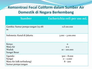 Konsentrasi Fecal Coliform dalam Sumber Air
Domestik di Negara Berkembang
Sumber Escherichia coli per 100 mL
Gambia: Sumur pompa tangan (15-18)
m
s.d 100.000
Indonesia: Kanal di Jakarta 3.100 – 3.100.000
Kenya:
Mata Air
Waduk
Sungai Besar
0
0-2
10 – 100.000
Uganda:
Sungai
Mata Air (tdk terlindung)
Sumur pompa tangan
500 – 8.000
0 – 2.000
8 - 200
 
