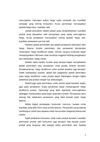 9
menunjukkan hubungan antara harga suatu computer dan kuantitas
computer yang diminta konsumen. Kurva permintaan menunjukkan
apabila harga turun, kuantitas naik.
Jadwal penawaran adalah jadwal yang mengindikasikan kuantitas
produk yang ditawarkan oleh perusahaan pada setiap kemungkinan
harga. Kurva penawaran menunjukkan bahwa apabila harga naik,
kuantitas penawaran pun ikut naik.
Interaksi jadwal permintaan dan jadwal penawaran ditentukan oleh
harga. Karena kondisi permintaan dan penawaran berinteraksi
menentukan harga ekuilibrium pasar, individu maupun korporasi dapat
mempergunakan informasi untuk membuat anggaran belanja pengeluaran
dan menentukan harga merek.
Setelah waktu berlalu, kondisi yang berubah dapat menyebabkan
jadwal permintaan atau penawaran untuk produk tertentu berubah.
Konsekuensinya, harga ekuilibrium untuk produk tersebut juga berubah.
Grafik memberikan ilustrasi, akibat dari pergeseran jadwal permintaan
pada harga ekuilibrium suatu produk dapat diterangkan dengan logika
sederhana jika produk menjadi nus (kekurangan).
Seperti juga pada permintaan untuk produk dapat berubah, begitu
juga pada penawaran. Suatu perubahan dapat mempengaruhi harga
ekuilibrium produk. Tekonologi yang telah diperbaiki memungkinkan
pelanggan memproduksi pada biaya yang lebih rendah. Perusahaan akan
senang hati melakukan penawaran yang lebih banyak pada harga
tertentu.
Ketika tingkat pendapatan konsumen menurun, mereka minta
kuantitas yang lebih kecil untuk produk tertentu. Perusahaan yang sedang
membangun rumah baru dipaksa untuk menurunkan harganya karena ada
surplus.
Sejak preferensi konsumen untuk suatu produk berubah, kuantitas
permintaan produk oleh konsumen juga berubah. Ada banyak contoh
produk yang harganya naik sebagai reaksi permintaan naik. Apabila
 