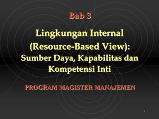 1
Bab 3
Lingkungan Internal
(Resource-Based View):
Sumber Daya, Kapabilitas dan
Kompetensi Inti
PROGRAM MAGISTER MANAJEMEN
 