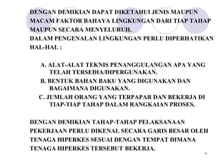 DENGAN DEMIKIAN DAPAT DIKETAHUI JENIS MAUPUN
MACAM FAKTOR BAHAYA LINGKUNGAN DARI TIAP TAHAP
MAUPUN SECARA MENYELURUH.
DALAM PENGENALAN LINGKUNGAN PERLU DIPERHATIKAN
HAL-HAL :

  A. ALAT-ALAT TEKNIS PENANGGULANGAN APA YANG
      TELAH TERSEDIA/DIPERGUNAKAN.
  B. BENTUK BAHAN BAKU YANG DIGUNAKAN DAN
      BAGAIMANA DIGUNAKAN.
  C. JUMLAH ORANG YANG TERPAPAR DAN BEKERJA DI
      TIAP-TIAP TAHAP DALAM RANGKAIAN PROSES.

DENGAN DEMIKIAN TAHAP-TAHAP PELAKSANAAN
PEKERJAAN PERLU DIKENAL SECARA GARIS BESAR OLEH
TENAGA HIPERKES SESUAI DENGAN TEMPAT DIMANA
TENAGA HIPERKES TERSEBUT BEKERJA.
                                              4
 