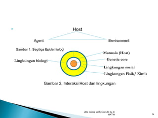 Host



Agent

Environment

Gambar 1. Segitiga Epidemiologi

Lingkungan biologi

Manusia (Host)
Genetic core
Lingkungan sosial
Lingkungan Fisik/ Kimia

Gambar 2. Interaksi Host dan lingkungan

slide biologi sel for ners B, by dr
RATIH

14

 