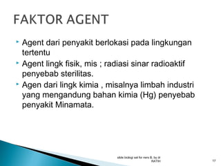 Agent dari penyakit berlokasi pada lingkungan
tertentu
 Agent lingk fisik, mis ; radiasi sinar radioaktif
penyebab sterilitas.
 Agen dari lingk kimia , misalnya limbah industri
yang mengandung bahan kimia (Hg) penyebab
penyakit Minamata.


slide biologi sel for ners B, by dr
RATIH

17

 