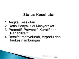 Status Kesehatan
1. Angka Kesakitan
2. Ratio Penyakit di Masyarakat
3. Promotif, Preventif, Kuratif dan
Rehabilitatif
4. Bersifat menyeluruh, terpadu dan
berkesinambungan

slide biologi sel for ners B, by dr
RATIH

9

 