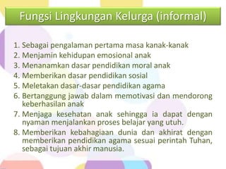 Fungsi Lingkungan Kelurga (informal)
1. Sebagai pengalaman pertama masa kanak-kanak
2. Menjamin kehidupan emosional anak
3. Menanamkan dasar pendidikan moral anak
4. Memberikan dasar pendidikan sosial
5. Meletakan dasar-dasar pendidikan agama
6. Bertanggung jawab dalam memotivasi dan mendorong
keberhasilan anak
7. Menjaga kesehatan anak sehingga ia dapat dengan
nyaman menjalankan proses belajar yang utuh.
8. Memberikan kebahagiaan dunia dan akhirat dengan
memberikan pendidikan agama sesuai perintah Tuhan,
sebagai tujuan akhir manusia.
 