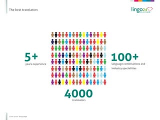 The best translators




               5+
                years experience
                                                  100+
                                                  language combinations and
                                                  industry specialities




                                   4000
                                    translators




Love your language
 
