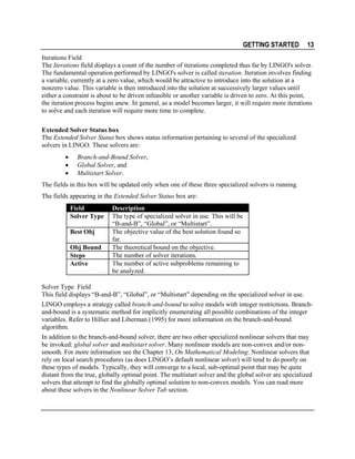 GETTING STARTED

13

Iterations Field
The Iterations field displays a count of the number of iterations completed thus far by LINGO's solver.
The fundamental operation performed by LINGO's solver is called iteration. Iteration involves finding
a variable, currently at a zero value, which would be attractive to introduce into the solution at a
nonzero value. This variable is then introduced into the solution at successively larger values until
either a constraint is about to be driven infeasible or another variable is driven to zero. At this point,
the iteration process begins anew. In general, as a model becomes larger, it will require more iterations
to solve and each iteration will require more time to complete.
Extended Solver Status box
The Extended Solver Status box shows status information pertaining to several of the specialized
solvers in LINGO. These solvers are:
•
•
•

Branch-and-Bound Solver,
Global Solver, and
Multistart Solver.

The fields in this box will be updated only when one of these three specialized solvers is running.
The fields appearing in the Extended Solver Status box are:
Field
Solver Type
Best Obj
Obj Bound
Steps
Active

Description
The type of specialized solver in use. This will be
“B-and-B”, “Global”, or “Multistart”.
The objective value of the best solution found so
far.
The theoretical bound on the objective.
The number of solver iterations.
The number of active subproblems remaining to
be analyzed.

Solver Type Field
This field displays “B-and-B”, “Global”, or “Multistart” depending on the specialized solver in use.
LINGO employs a strategy called branch-and-bound to solve models with integer restrictions. Branchand-bound is a systematic method for implicitly enumerating all possible combinations of the integer
variables. Refer to Hillier and Liberman (1995) for more information on the branch-and-bound
algorithm.
In addition to the branch-and-bound solver, there are two other specialized nonlinear solvers that may
be invoked: global solver and multistart solver. Many nonlinear models are non-convex and/or nonsmooth. For more information see the Chapter 13, On Mathematical Modeling. Nonlinear solvers that
rely on local search procedures (as does LINGO’s default nonlinear solver) will tend to do poorly on
these types of models. Typically, they will converge to a local, sub-optimal point that may be quite
distant from the true, globally optimal point. The multistart solver and the global solver are specialized
solvers that attempt to find the globally optimal solution to non-convex models. You can read more
about these solvers in the Nonlinear Solver Tab section.

 