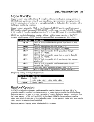 OPERATORS AND FUNCTIONS

269

Logical Operators
Logical operators were used in Chapter 2, Using Sets, when we introduced set looping functions. In
LINGO, logical operators are primarily used in conditional expressions on set looping functions to
control which members of a set are to be included or excluded in the function. They also play a role in
building set membership conditions.
Logical operators return either TRUE or FALSE as a result. LINGO uses the value 1 to represent
TRUE, and the value 0 to represent FALSE. LINGO considers an argument to be FALSE if, and only
if, it is equal to 0. Thus, for example, arguments of 1, 7, -1, and .1234 would all be considered TRUE.
LINGO has nine logical operators, which are all binary with the single exception of the #NOT#
operator, which is unary. LINGO’s logical operators and their return values are listed below:
Logical Operator
#NOT#
#EQ#
#NE#
#GT#
#GE#
#LT#
#LE#
#AND#
#OR#

Return Value
TRUE if the operand immediately to the right is FALSE, else
FALSE.
TRUE if both operands are equal, else FALSE.
TRUE if both operands are not equal, else FALSE.
TRUE if the left operand is strictly greater than the right
operand, else FALSE.
TRUE if the left operand is greater-than-or-equal-to the right
operand, else FALSE.
TRUE if the left operand is strictly less than the right operand,
else FALSE.
TRUE if the left operand is less-than-or-equal-to the right
operand, else FALSE.
TRUE only if both arguments are TRUE, else FALSE.
FALSE only if both its arguments are FALSE, else TRUE.

The priority ranking of the logical operators is:
Priority Level
Highest
Lowest

Operator(s)
#NOT#
#EQ# #NE# #GT# #GE# #LT# #LE#
#AND# #OR#

Relational Operators
In LINGO, relational operators are used in a model to specify whether the left-hand side of an
expression should be equal to, less-than-or-equal-to, or greater-than-or-equal-to the right-hand side.
Relational operators are used to form the constraints of a model. Relational operators are distinct from
the logical operators #EQ#, #LE#, and #GE#, in that they tell LINGO the optimal solution of the
model must satisfy the direction of the relational operator. Logical operators, on the other hand, merely
report whether or not a condition is satisfied.
Relational operators have the lowest priority of all the operators.

 