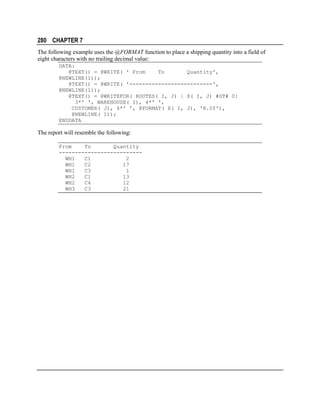 280 CHAPTER 7
The following example uses the @FORMAT function to place a shipping quantity into a field of
eight characters with no trailing decimal value:
DATA:
@TEXT() = @WRITE( ' From
To
Quantity',
@NEWLINE(1));
@TEXT() = @WRITE( '--------------------------',
@NEWLINE(1));
@TEXT() = @WRITEFOR( ROUTES( I, J) | X( I, J) #GT# 0:
3*' ', WAREHOUSE( I), 4*' ',
CUSTOMER( J), 4*' ', @FORMAT( X( I, J), '8.0f'),
@NEWLINE( 1));
ENDDATA

The report will resemble the following:
From
To
Quantity
-------------------------WH1
C1
2
WH1
C2
17
WH1
C3
1
WH2
C1
13
WH2
C4
12
WH3
C3
21

 