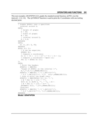 OPERATORS AND FUNCTIONS
This next example, GRAPHPSN.LG4, graphs the standard normal function, @PSN, over the
interval [ –2.4, 2.4]. The @FORMAT function is used to print the X coordinates with one trailing
decimal point.
! Graphs @PSN() over a specified
interval around 0;
DATA:
! height of graph;
H = 49;
! width of graph;
W = 56;
! interval around 0;
R = 2.4;
ENDDATA
SETS:
S1 /1..H/: X, FX;
ENDSETS
@FOR( S1( I):
! X can be negative;
@FREE( X);
! Compute x coordinate;
X( I) = -R + ( I - 1)* 2 * R / ( H - 1);
! Compute y coordinate = @psn( x);
FX( I) = @PSN( X( I));
);
DATA:
! Print the header;
@TEXT() = @WRITE(
'Graph of @PSN() on the interval [-',
R,',+',R,']:',@NEWLINE(1));
@TEXT() = @WRITE( '| 0 ',(W/2-5)*'-',
' 0.5 ',(W/2-5)*'-', '1.0
X(i)',@NEWLINE(1));
! Loop to print the graph over;
@TEXT() = @WRITEFOR( S1( I): '| ',
( W * FX( I) + 1/2) * '*',
@IF( X( I) #LT# 0, '', ' '), ( W ( W * FX( I) + 1/2) + 3)*' ',
@FORMAT( X(I), '.1f'),@NEWLINE(1));
!Trailer;
@TEXT() = @WRITE( '| 0 ',(W/2-5)*'-',
' 0.5 ',(W/2-5)*'-', '1.0',@NEWLINE(1));
ENDDATA

Model: GRAPHPSN

281

 