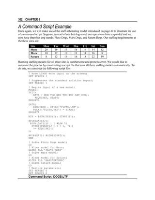 302 CHAPTER 8

A Command Script Example
Once again, we will make use of the staff-scheduling model introduced on page 49 to illustrate the use
of a command script. Suppose, instead of one hot dog stand, our operations have expanded and we
now have three hot dog stands: Pluto Dogs, Mars Dogs, and Saturn Dogs. Our staffing requirements at
the three sites are:
Site
Pluto
Mars
Saturn

Mon
20
10
8

Tue
16
12
12

Wed
13
10
16

Thu
16
11
16

Fri
19
14
18

Sat
14
16
22

Sun
12
8
19

Running staffing models for all three sites is cumbersome and prone to error. We would like to
automate the process by constructing a script file that runs all three staffing models automatically. To
do this, we construct the following script file:
! Have LINGO echo input to the screen;
SET ECHOIN 1
! Suppresses the standard solution report;
SET TERSEO 1
! Begins input of a new model;
MODEL:
SETS:
DAYS / MON TUE WED THU FRI SAT SUN/:
REQUIRED, START;
ENDSETS
DATA:
REQUIRED = @FILE('PLUTO.LDT');
@TEXT('PLUTO.TXT') = START;
ENDDATA
MIN = @SUM(DAYS(I): START(I));
@FOR(DAYS(J):
@SUM(DAYS(I) | I #LE# 5:
START(@WRAP(J - I + 1, 7)))
>= REQUIRED(J)
);
@FOR(DAYS: @GIN(START));
END
! Solve Pluto Dogs model;
GO
! Alter model for Mars;
ALTER ALL 'PLUTO'MARS'
! Solve Mars model;
GO
! Alter model for Saturn;
ALTER ALL 'MARS'SATURN'
! Solve Saturn model;
GO
! Restore parameters;
SET TERSEO 0
SET ECHOIN 0

Command Script: DOGS.LTF

 
