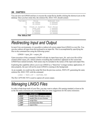 306 CHAPTER 8
You can now run LINGO and have it execute the script file by double clicking the shortcut icon on the
desktop. Once you have done this, the solution file, SOLU.TXT, should contain:
Variable
X
Y
Row
1
2
3
4

Value
50.00000
35.00000
Slack or Surplus
2050.000
0.000000
25.00000
0.000000

Reduced Cost
0.000000
0.000000
Dual Price
1.000000
5.000000
0.000000
15.00000

File: SOLU.TXT

Redirecting Input and Output
In most Unix environments, it is possible to redirect all screen output from LINGO to a text file. You
can also redirect all input from the keyboard to an input file. This is accomplished by specifying the
files in the command-line using the following syntax:
LINGO < input_file > output_file
Upon execution of this command, LINGO will take its input from input_file, and a text file will be
created called output_file, which contains everything that would have appeared on the screen had
LINGO been started normally. Path names may be included in the names of the input and output files.
Exploiting this capability allows you to use LINGO as a “black box” in larger turnkey applications. If
done properly, the user will not be aware LINGO is running in the background.
As an example, we could run the script file from the previous section, TEST.LTF, generating the same
solution file, SOLU.TXT, with the command:
LINGO < TEST.LTF > CAPTURE.TXT

The file CAPTURE.TXT is used to capture all screen output.

Managing LINGO Files
In order to help keep track of your files, you may want to adopt a file naming standard, at least as far
as the file name extensions are concerned. Here are some suggestions for file name extensions:
Extension
.LG4
.LNG
.LTF
.LDT
.LRP

Description
model files (Windows only)
model files in text format
script files
included data files
report files

 