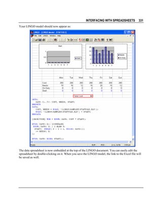 INTERFACING WITH SPREADSHEETS

331

Your LINGO model should now appear as:

The data spreadsheet is now embedded at the top of the LINGO document. You can easily edit the
spreadsheet by double-clicking on it. When you save the LINGO model, the link to the Excel file will
be saved as well.

 