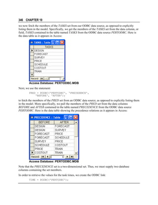 346 CHAPTER 10
we now fetch the members of the TASKS set from our ODBC data source, as opposed to explicitly
listing them in the model. Specifically, we get the members of the TASKS set from the data column, or
field, TASKS contained in the table named TASKS from the ODBC data source PERTODBC. Here is
the data table as it appears in Access:

Access Database: PERTODBC.MDB
Next, we use the statement:
PRED = @ODBC('PERTODBC', 'PRECEDENCE',
'BEFORE', 'AFTER');

to fetch the members of the PRED set from an ODBC data source, as opposed to explicitly listing them
in the model. More specifically, we pull the members of the PRED set from the data columns
BEFORE and AFTER contained in the table named PRECEDENCE from the ODBC data source
PERTODBC. Here is the data table showing the precedence relations as it appears in Access:

Access Database: PERTODBC.MDB
Note that the PRECEDENCE set is a two-dimensional set. Thus, we must supply two database
columns containing the set members.
In order to retrieve the values for the task times, we create the ODBC link:
TIME = @ODBC('PERTODBC');

 