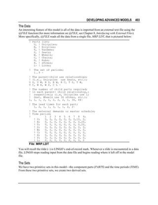 DEVELOPING ADVANCED MODELS

403

The Data
An interesting feature of this model is all of the data is imported from an external text file using the
@FILE function (for more information on @FILE, see Chapter 8, Interfacing with External Files).
More specifically, @FILE reads all the data from a single file, MRP.LDT, that is pictured below:
! Parts
U, !
B, !
T, !
S, !
W, !
C, !
H, !
P, !
L~ !
!
!
!
U
T

list;
Unicycles;
Bicycles;
Tandems;
Seats;
Wheels;
Chains;
Hubs;
sPokes;
Links;

The set of periods;
1..9 ~
The parent-child use relationships;
(i.e., Unicycles use Seats, etc.);
S, U W, B S, B W, B C, T S, T W,
C, W H, W P, C L ~

! The number of child parts required;
! in each parent- child relationship,;
! respectively (i.e, Unicycles use 1;
! Seat, Wheels use 36 sPokes, etc.);
1, 1, 1, 2, 1, 2, 2, 2, 1, 36, 84~
! The lead times for each part;
1, 2, 1, 1, 3, 1, 1, 2, 2~
! The external demands or master schedule;
! Time period;
!
1 2 3 4 5 6 7 8 9;
! U;
0, 0, 0, 0, 0, 0, 0,10, 0,
! B;
0, 0, 0, 0, 0, 0, 0, 0,20,
! T;
0, 0, 0, 0, 0, 0, 0, 0,20,
! S;
0, 0, 0, 0, 0, 0, 0, 0, 0,
! W;
0, 0, 0, 0, 0, 0, 0, 0, 0,
! C;
0, 0, 0, 0, 0, 0, 0, 0, 0,
! H;
0, 0, 0, 0, 0, 0, 0, 0, 0,
! P;
0, 0, 0, 0, 0, 0, 0, 0, 0,
! L;
0, 0, 0, 0, 0, 0, 0, 0, 0

File: MRP.LDT
You will recall the tilde (~) is LINGO’s end-of-record mark. Whenever a tilde is encountered in a data
file, LINGO stops reading input from the data file and begins reading where it left off in the model
file.

The Sets
We have two primitive sets in this modelthe component parts (PARTS) and the time periods (TIME).
From these two primitive sets, we create two derived sets.

 
