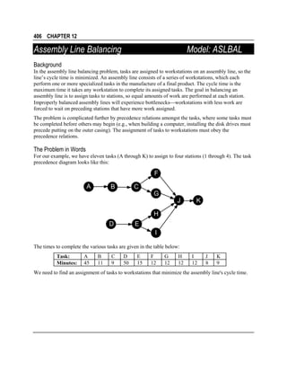 406 CHAPTER 12

Assembly Line Balancing

Model: ASLBAL

Background
In the assembly line balancing problem, tasks are assigned to workstations on an assembly line, so the
line’s cycle time is minimized. An assembly line consists of a series of workstations, which each
perform one or more specialized tasks in the manufacture of a final product. The cycle time is the
maximum time it takes any workstation to complete its assigned tasks. The goal in balancing an
assembly line is to assign tasks to stations, so equal amounts of work are performed at each station.
Improperly balanced assembly lines will experience bottlenecksworkstations with less work are
forced to wait on preceding stations that have more work assigned.
The problem is complicated further by precedence relations amongst the tasks, where some tasks must
be completed before others may begin (e.g., when building a computer, installing the disk drives must
precede putting on the outer casing). The assignment of tasks to workstations must obey the
precedence relations.

The Problem in Words
For our example, we have eleven tasks (A through K) to assign to four stations (1 through 4). The task
precedence diagram looks like this:

F
A

B

C

G

J

K

H
D

E
I

The times to complete the various tasks are given in the table below:
Task:
Minutes:

A
45

B
11

C
9

D
50

E
15

F
12

G
12

H
12

I
12

J
8

K
9

We need to find an assignment of tasks to workstations that minimize the assembly line's cycle time.

 