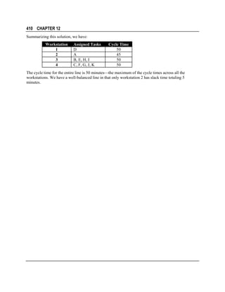 410 CHAPTER 12
Summarizing this solution, we have:
Workstation
1
2
3
4

Assigned Tasks
D
A
B, E, H, I
C, F, G, J, K

Cycle Time
50
45
50
50

The cycle time for the entire line is 50 minutesthe maximum of the cycle times across all the
workstations. We have a well-balanced line in that only workstation 2 has slack time totaling 5
minutes.

 