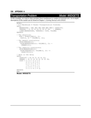 536 APPENDIX A

Transportation Problem

Model: WIDGETS

In this example, we want to ship a product from warehouses to vendors at minimal cost. An in-depth
description of this model can be found in Chapter 1, Getting Started with LINGO.
MODEL:
! A 6 Warehouse 8 Vendor Transportation Problem;
SETS:
WAREHOUSES / WH1 WH2 WH3 WH4 WH5 WH6/: CAPACITY;
VENDORS / V1 V2 V3 V4 V5 V6 V7 V8/
: DEMAND;
LINKS(WAREHOUSES, VENDORS): COST, VOLUME;
ENDSETS
! The objective;
MIN = @SUM(LINKS(I, J):
COST(I, J) * VOLUME(I, J));
! The demand constraints;
@FOR(VENDORS(J):
@SUM(WAREHOUSES(I): VOLUME(I, J)) =
DEMAND(J));
! The capacity constraints;
@FOR(WAREHOUSES(I):
@SUM(VENDORS(J): VOLUME(I, J)) <=
CAPACITY(I));
! Here is the data;
DATA:
CAPACITY = 60 55 51 43 41 52;
DEMAND = 35 37 22 32 41 32 43 38;
COST = 6 2 6 7 4 2 5 9
4 9 5 3 8 5 8 2
5 2 1 9 7 4 3 3
7 6 7 3 9 2 7 1
2 3 9 5 7 2 6 5
5 5 2 2 8 1 4 3;
ENDDATA
END

Model: WIDGETS

 