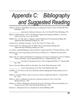 Appendix C: Bibliography
and Suggested Reading
Anderson, Sweeney, and Williams, Introduction to Management Science, 8th ed. St. Paul, MN: West
Publishing, 1997.
_______________ , Quantitative Methods for Business, 6th ed. St. Paul, MN: West Publishing, 1991.
Black, F., and M. Scholes. (1973). “The Pricing of Options and Corporate Liabilities.”, Journal of
Political Economy, vol. 81, pp. 637-654.
Bradley, S.P., A.C. Hax, and T.L. Magnanti, Applied Mathematical Programming. Reading, MA :
Addison-Wesley Publishing Company, Inc., 1977.
Cochran, W.G., Sampling Techniques. 2nd ed. New York, NY : Wiley, 1963.
Conway, R.W., W.L. Maxwell, and L.W. Miller, Theory of Scheduling. Reading, MA :
Addison-Wesley Publishing Company, Inc.,1967.
Cox, John C. and Mark Rubinstein, Options Markets. Englewood Cliffs, NJ: Prentice-Hall, Inc., 1985.
Dantzig, G.B., Linear Programming and Extensions. Princeton, N.J. : Princeton University Press,
1963.
Eppen, G.D., F.J. Gould, and Schmidt, C.P., Quantitative Concepts for Management: Decision Making
Without Algorithms, 3rd ed. Englewood Cliffs, N.J. : Prentice-Hall, Inc., 1989.
_______________ , Introductory Management Science, 4th ed. Englewood Cliffs, N.J. : Prentice-Hall,
Inc., 1993.
Gass, S., Decision Making, Models & Algorithms. New York: Wiley-Interscience, 1985.
_______________ , Linear Programming, 5th ed. New York: McGraw-Hill, 1985.
Geoffrion, A., The Theory of Structured Modeling, Western Management Science Institute, UCLA,
1987.
Hadley, G., and T.M. Whitin, Analysis of Inventory Systems. Englewood Cliffs, N.J. : Prentice-Hall,
Inc., 1963.
Hillier, F., and G.J. Lieberman, Introduction to Operations Research, 6th ed. New York :
McGraw-Hill, Inc., 1995.
Johnson, L., and D.C. Montgomery, Operations Research in Production Planning, Scheduling, and
Inventory Control. New York: John Wiley & Sons, Inc., 1974.
Knowles, T., Management Science. Homewood, IL: Irwin Publishing, 1989.

565

 