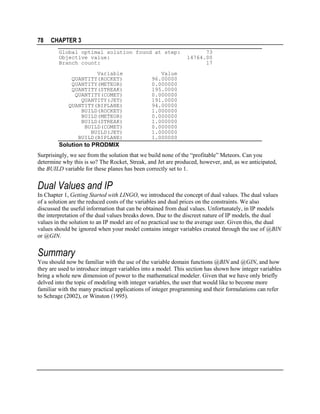 78

CHAPTER 3
Global optimal solution found at step:
Objective value:
Branch count:
Variable
QUANTITY(ROCKET)
QUANTITY(METEOR)
QUANTITY(STREAK)
QUANTITY(COMET)
QUANTITY(JET)
QUANTITY(BIPLANE)
BUILD(ROCKET)
BUILD(METEOR)
BUILD(STREAK)
BUILD(COMET)
BUILD(JET)
BUILD(BIPLANE)

73
14764.00
17

Value
96.00000
0.000000
195.0000
0.000000
191.0000
94.00000
1.000000
0.000000
1.000000
0.000000
1.000000
1.000000

Solution to PRODMIX
Surprisingly, we see from the solution that we build none of the “profitable” Meteors. Can you
determine why this is so? The Rocket, Streak, and Jet are produced, however, and, as we anticipated,
the BUILD variable for these planes has been correctly set to 1.

Dual Values and IP
In Chapter 1, Getting Started with LINGO, we introduced the concept of dual values. The dual values
of a solution are the reduced costs of the variables and dual prices on the constraints. We also
discussed the useful information that can be obtained from dual values. Unfortunately, in IP models
the interpretation of the dual values breaks down. Due to the discreet nature of IP models, the dual
values in the solution to an IP model are of no practical use to the average user. Given this, the dual
values should be ignored when your model contains integer variables created through the use of @BIN
or @GIN.

Summary
You should now be familiar with the use of the variable domain functions @BIN and @GIN, and how
they are used to introduce integer variables into a model. This section has shown how integer variables
bring a whole new dimension of power to the mathematical modeler. Given that we have only briefly
delved into the topic of modeling with integer variables, the user that would like to become more
familiar with the many practical applications of integer programming and their formulations can refer
to Schrage (2002), or Winston (1995).

 