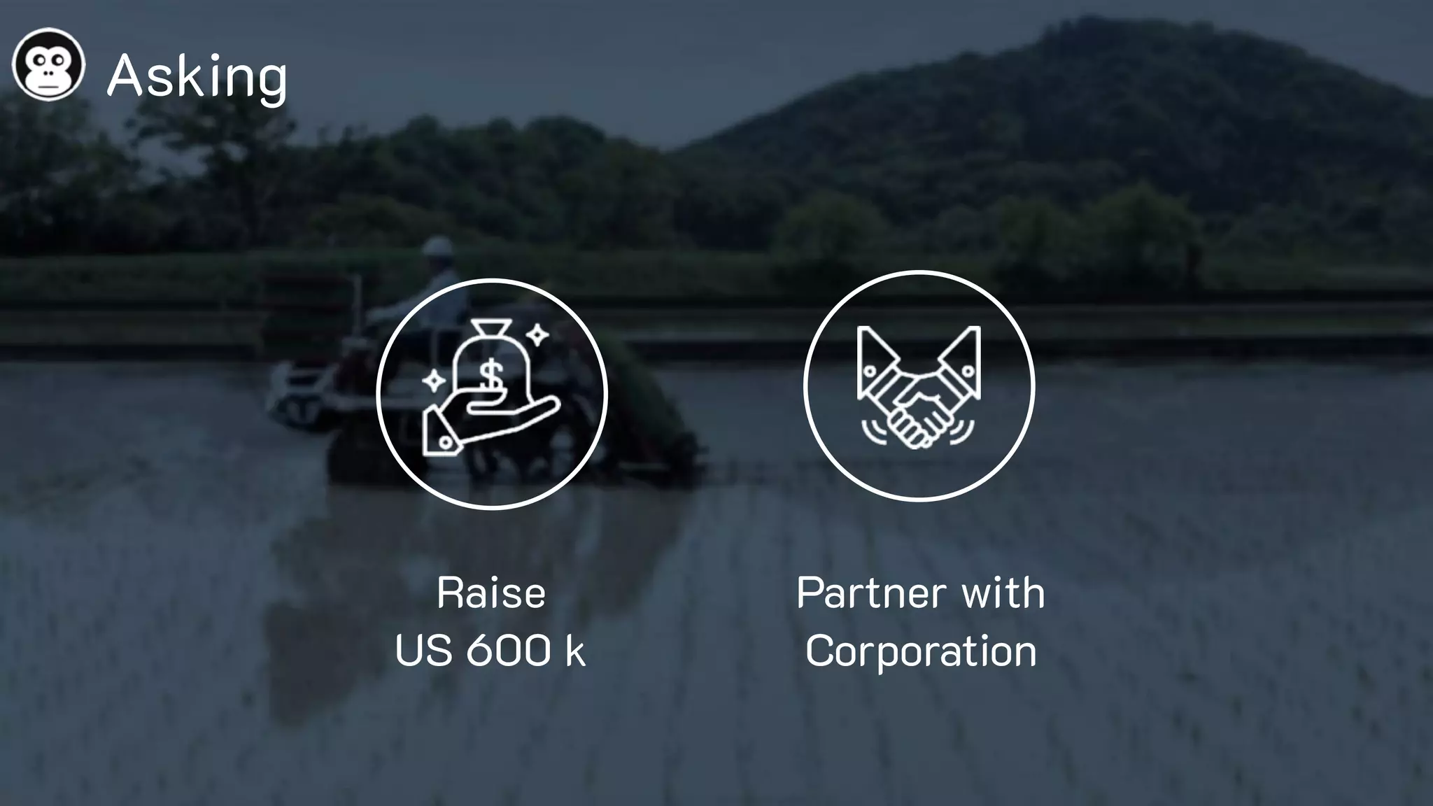 Raise
US 600 k
Partner with
Corporation
Asking