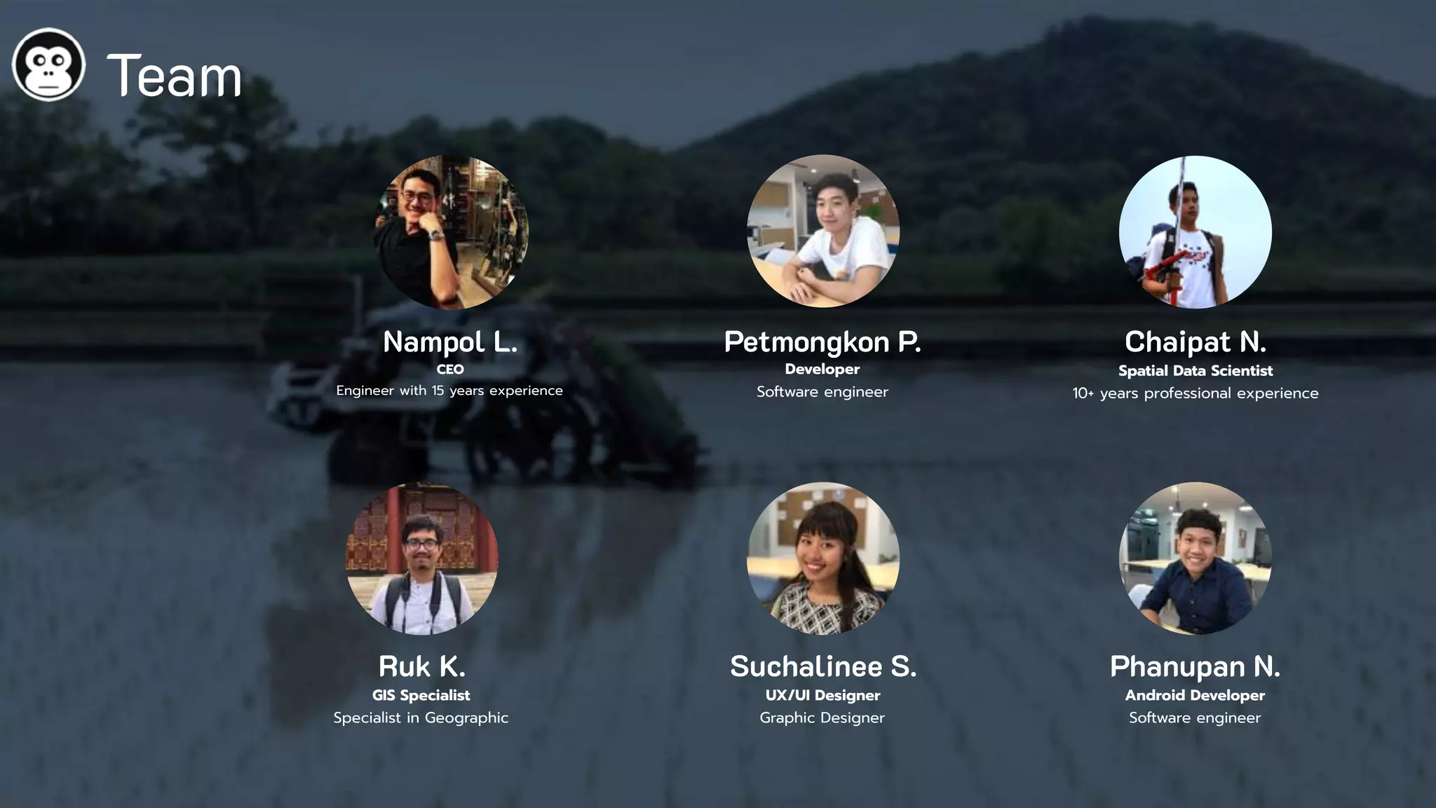 Team
Nampol L.
CEO
Engineer with 15 years experience
Petmongkon P.
Developer
Software engineer
Ruk K.
GIS Specialist
Specialist in Geographic
Suchalinee S.
UX/UI Designer
Graphic Designer
Chaipat N.
Spatial Data Scientist
10+ years professional experience
Phanupan N.
Android Developer
Software engineer