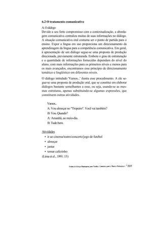 6.2 O tratamento comunicativo
A. O diálogo
Devido a seu forte compromisso com a contextualização, a aborda-
gem comunicativa centraliza muitas de suas informações no diálogo.
A situação comunicativa oral costuma ser o ponto de partida para o
ensino. Expor a língua em uso proporciona um direcionamento da
aprendizagem da língua para a competência comunicativa. Em geral,
à apresentação de um diálogo segue-se uma proposta de produção
direcionada, previamente estruturada. Embora o grau de estruturação
e a quantidade de informações fornecidas dependam do nível do
aluno, com mais informações para os primeiros níveis e menos para
os mais avançados, encontramos esse princípio de direcionamento
temático e lingüístico em diferentes níveis.
O diálogo intitulado 'Vamos...' ilustra esse procedimento. A ele se-
gue-se uma proposta de produção oral, que se constitui em elaborar
diálogos bastante semelhantes a esse, ou seja, usando-se as mes-
mas estruturas, apenas substituindo-se algumas expressões, que
constituem outras atividades.

    Vamos...
    A: Vou almoçar no "Tropeiro". Você vai também?
    B: Vou. Quando?
    A: Amanhã, ao meio-dia.
    B: Tudo bem.

Atividades
  • ir ao cinema/teatro/concerto/jogo de futebol
  • almoçar
  • jantar
  • tomar cafezinho
(Lima et al., 1991: 15)
 