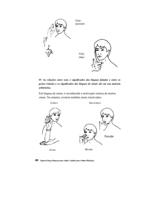 Feí@
                                 (passado)




                                    Fei@
                                    (hoje)




IV As relações entre sons e significados das línguas faladas e entre os
gestos (sinais) e os significados das línguas de sinais são em sua maioria
arbitrários.

Em línguas de sinais, é reconhecida a motivação icônica de muitos
sinais. No entanto, existem também sinais imotivados:
           Icômco                                Nao-icômco




          Arvore                             Biscoito
 