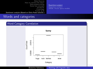 Data Sources
How to retrieve the data?
Data preprocessing
Some key concepts
Facebook
R package
Twitter  R
Sentiment analysis (Based on Chris Potts tutorial )
Experience project
Experience project
IMDB: Vector space models
Words and categories
Word-Category Correlation
Much better!Ekaterina Vylomova Working with linguistic data
 