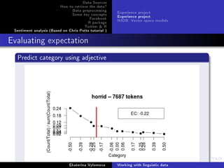 Data Sources
How to retrieve the data?
Data preprocessing
Some key concepts
Facebook
R package
Twitter  R
Sentiment analysis (Based on Chris Potts tutorial )
Experience project
Experience project
IMDB: Vector space models
Evaluating expectation
Predict category using adjective
Ekaterina Vylomova Working with linguistic data
 