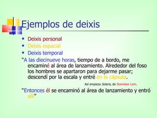 Ejemplos de deixis Deixis personal Deixis espacial Deixis temporal “ A las diecinueve horas , tiempo de a bordo, me encamin é  al área de lanzamiento. Alrededor del foso los hombres se apartaron para dejarme pasar; descendí por la escala y entré  en la cápsula .  Así empieza  Solaris,  de  Stanislaw Lem .  “ Entonces   él  se encaminó al área de lanzamiento y entró  allí ” 