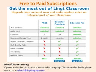 Free to Paid Subscriptions School/District Licensing If you're a school or district that is interested in using Lingt Classroom school wide, please contact us at  [email_address]   